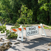 ROAD CLOSE sign showing down trees and powerlines
